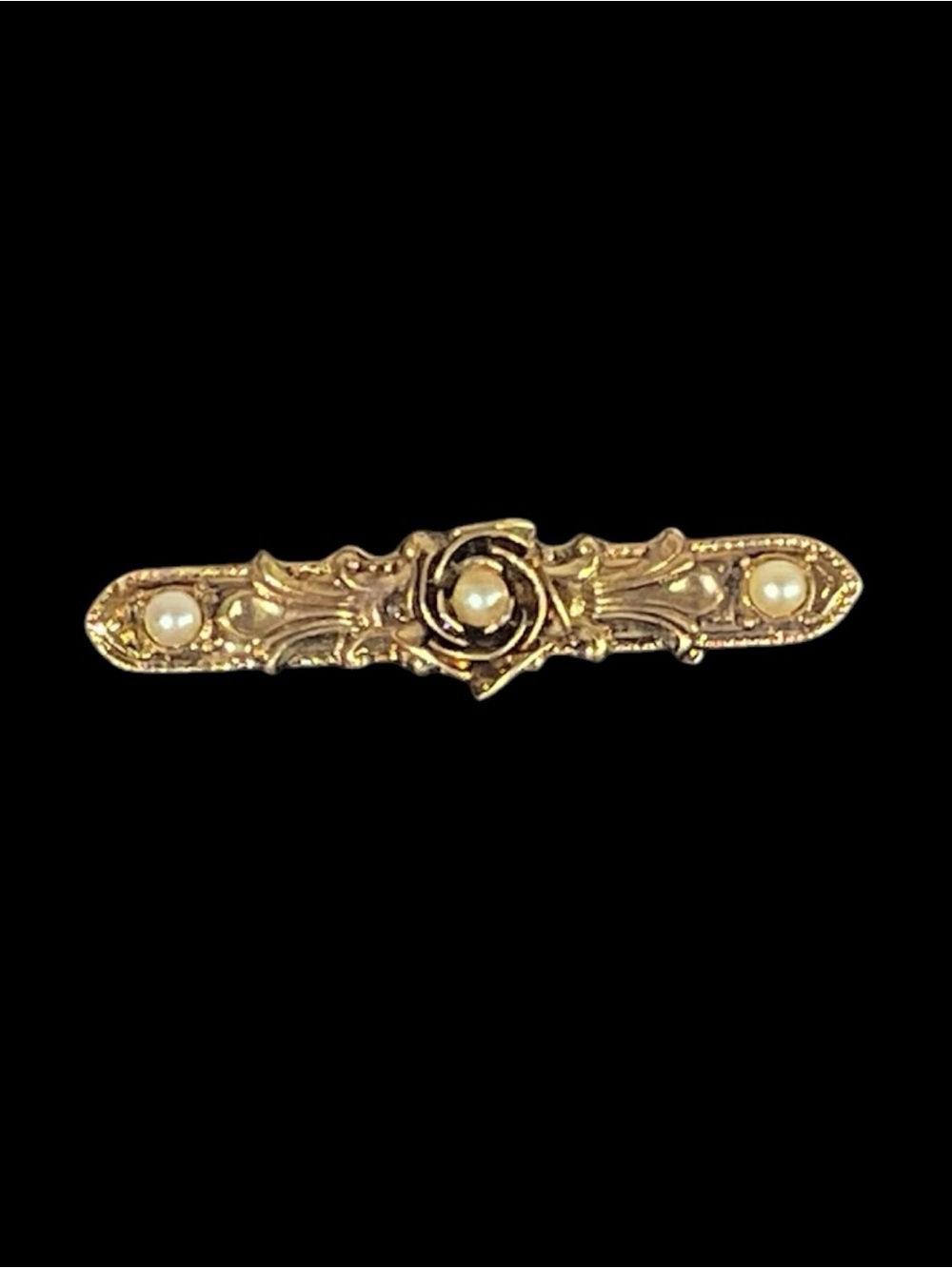 Vintage Gold Tone Faux Seed Pearl Rose Bar Brooch Romantic Victorian Style Pin
